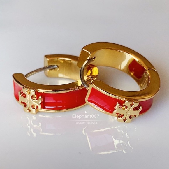 Tory Burch Jewelry - Tory Burch red logo huggie earrings